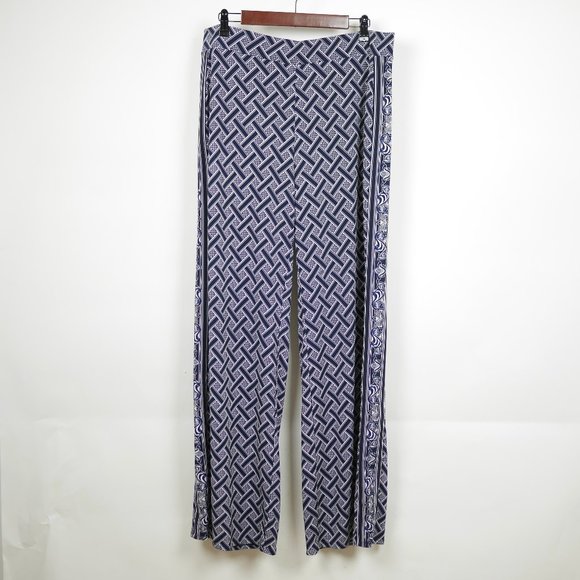 WHITE HOUSE BLACK MARKET Women's L Blue & white pull on stretch pants elastic - Picture 1 of 10